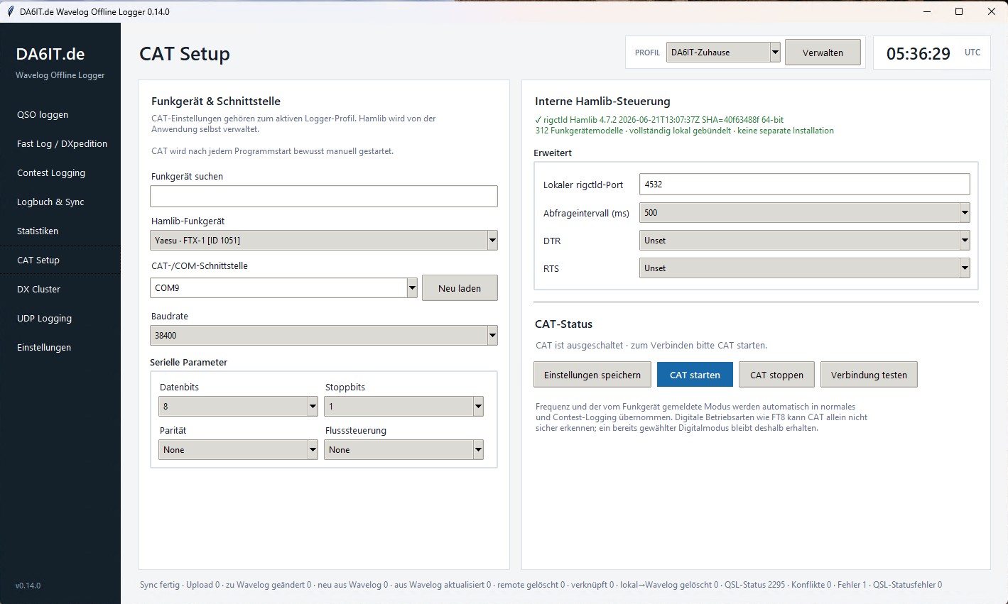 Screenshot der Ansicht CAT Setup im DA6IT.de Wavelog Offline Logger