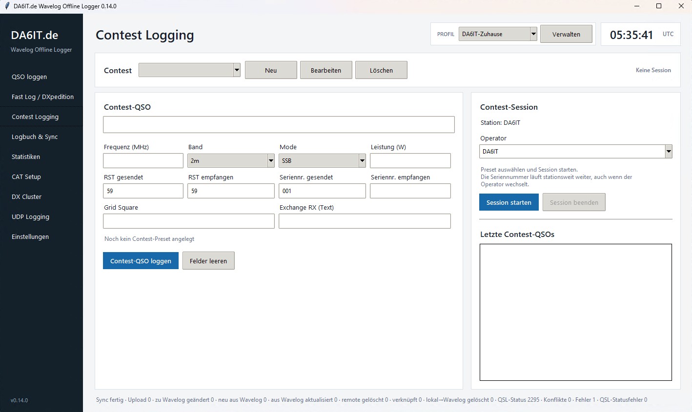 Screenshot der Ansicht Contest Logging im DA6IT.de Wavelog Offline Logger
