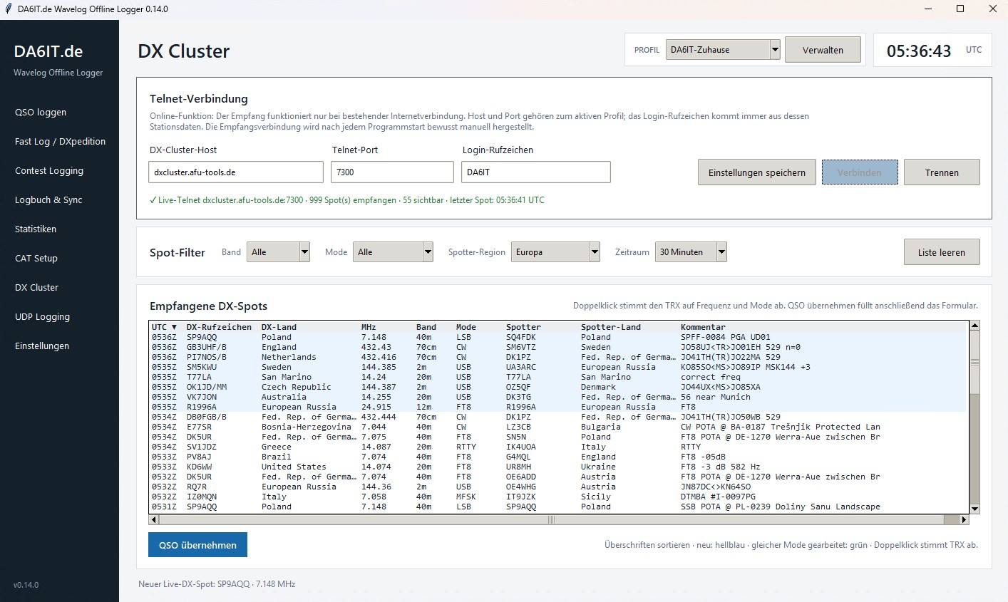 Screenshot der Ansicht DX Cluster im DA6IT.de Wavelog Offline Logger