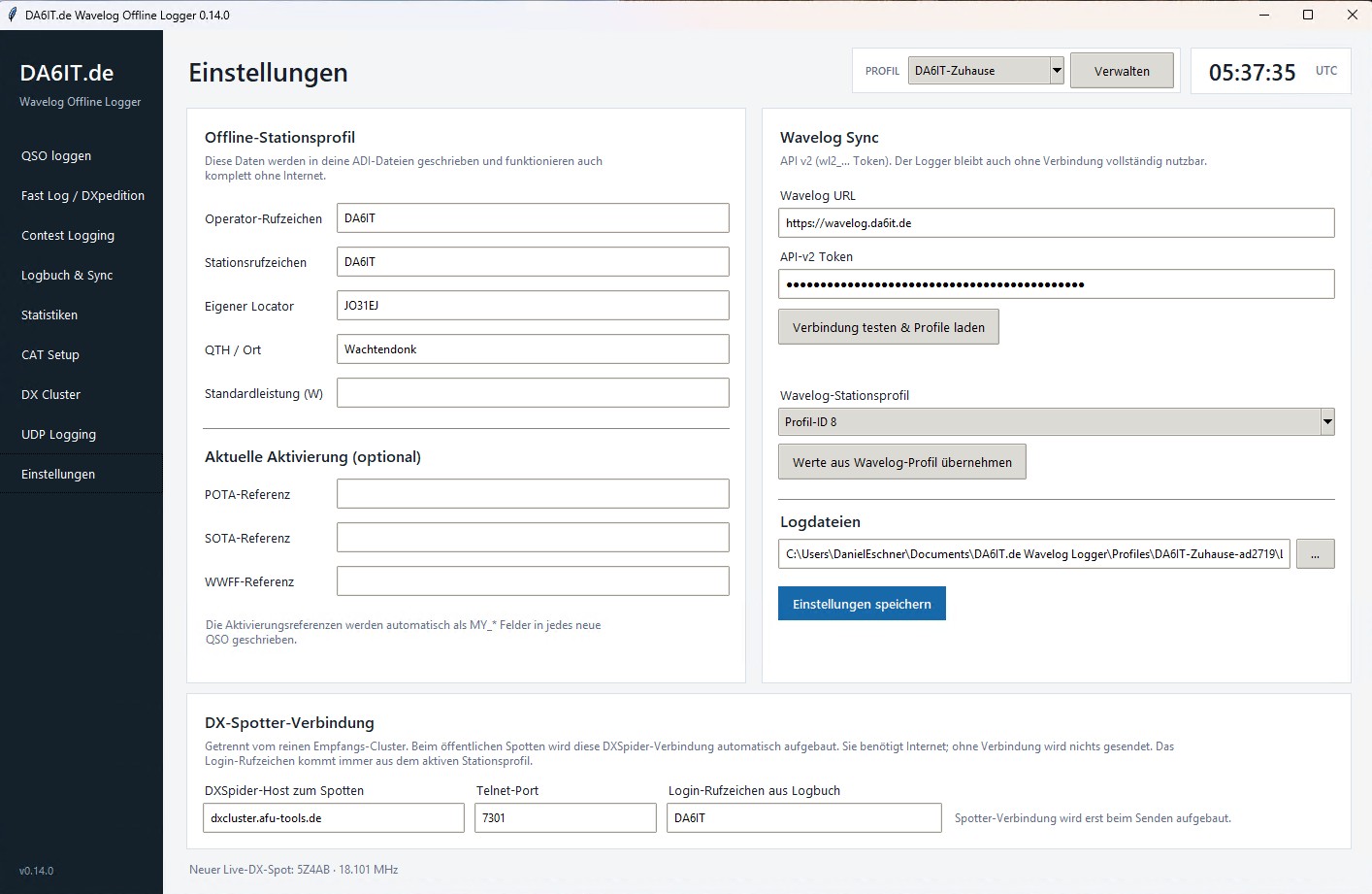 Screenshot der Ansicht Einstellungen im DA6IT.de Wavelog Offline Logger