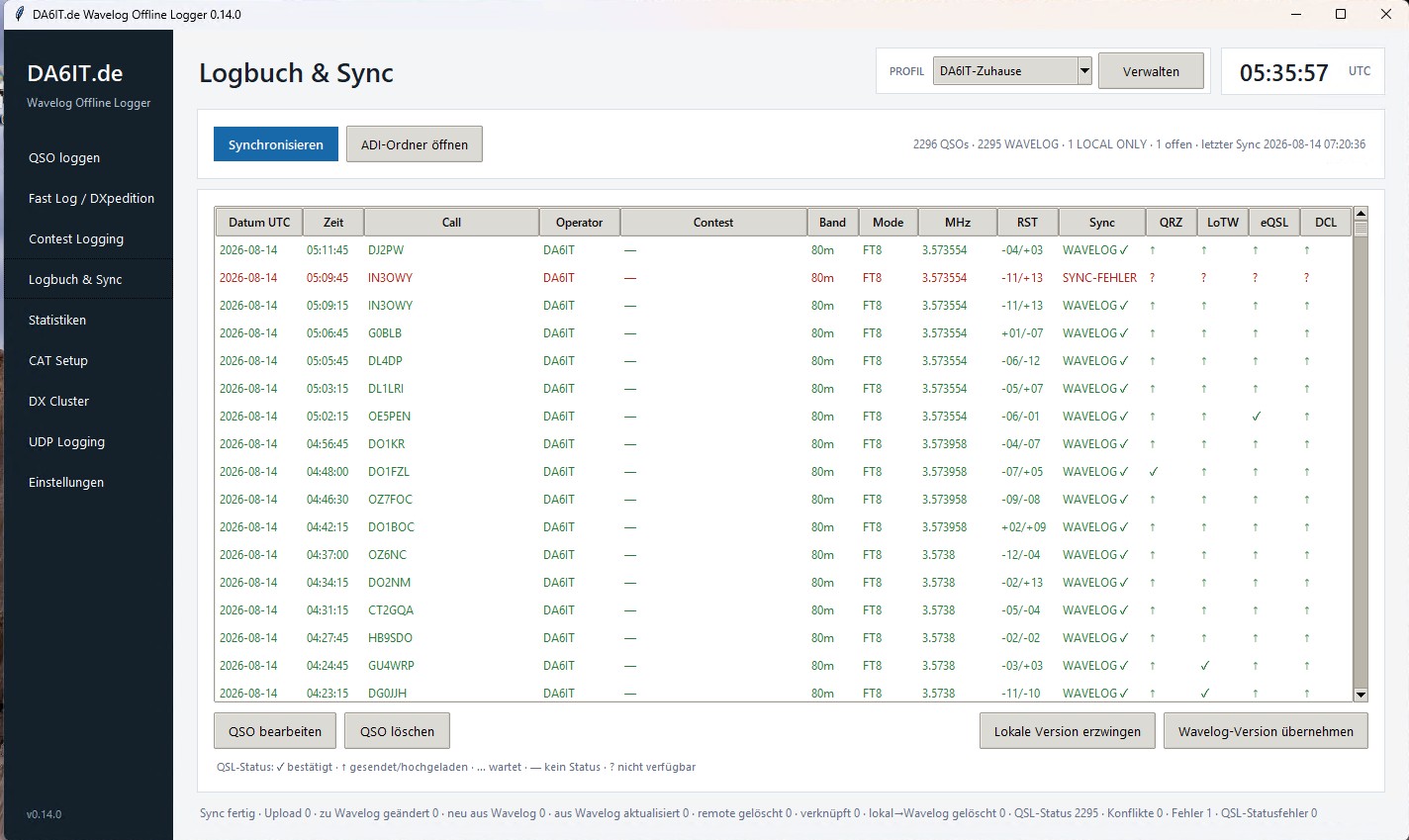 Screenshot der Ansicht Logbuch & Sync im DA6IT.de Wavelog Offline Logger