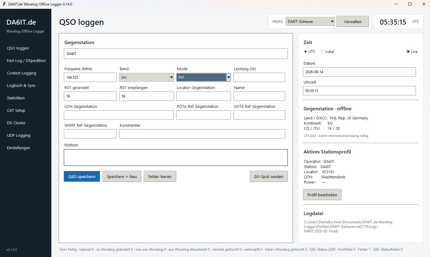 QSO-Logging Ansicht des DA6IT.de Wavelog Offline Logger