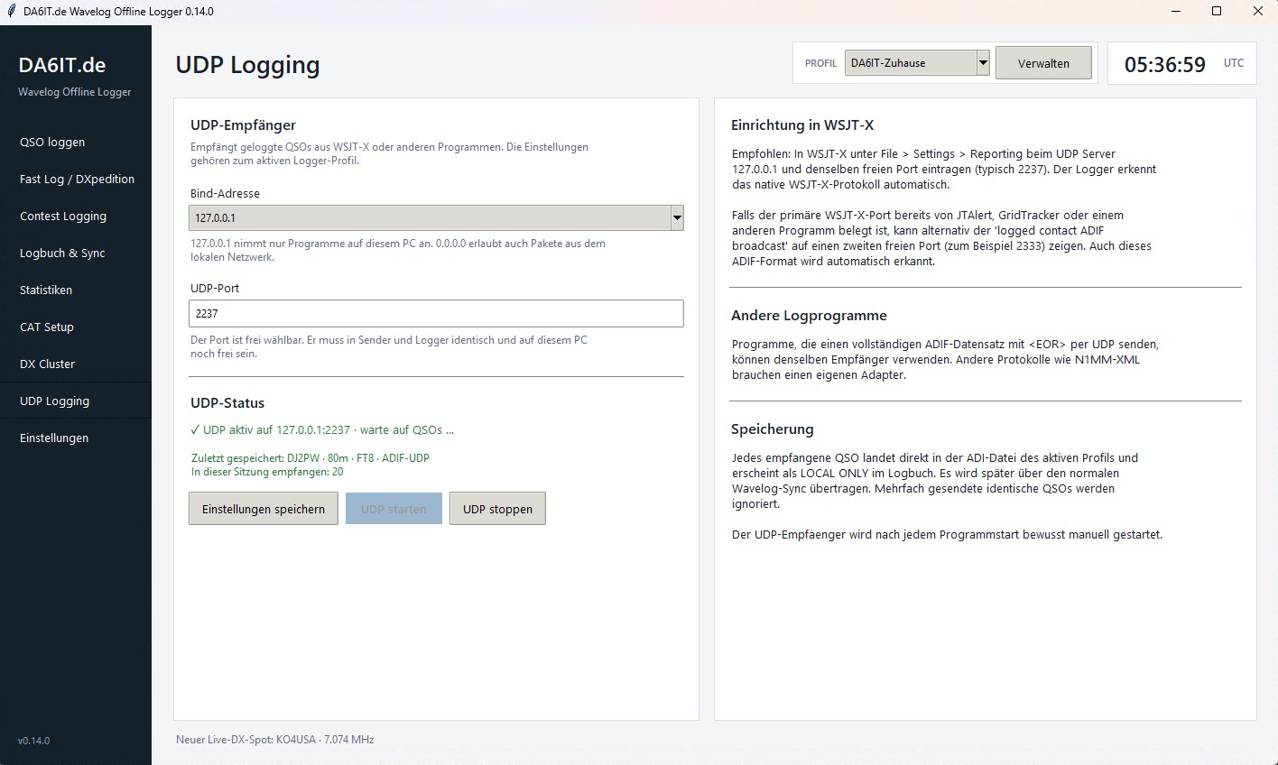 Screenshot der Ansicht UDP Logging im DA6IT.de Wavelog Offline Logger