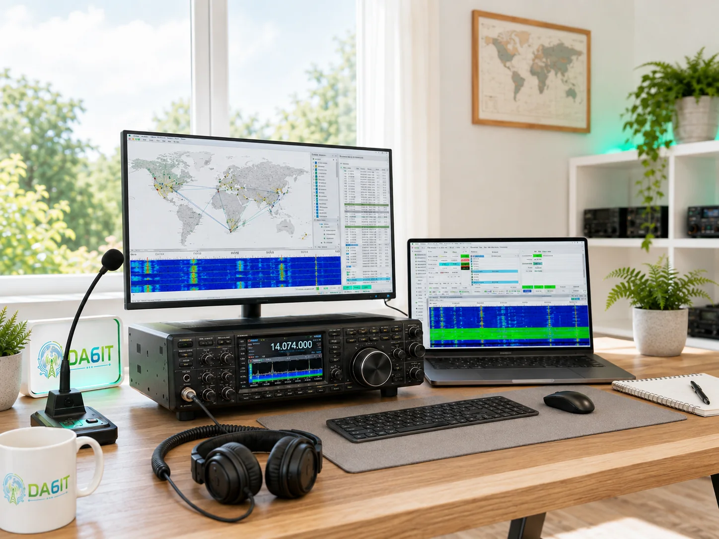 Helles Digital-Mode-Shack mit Weltkarte, Software und Wasserfallanzeigen.