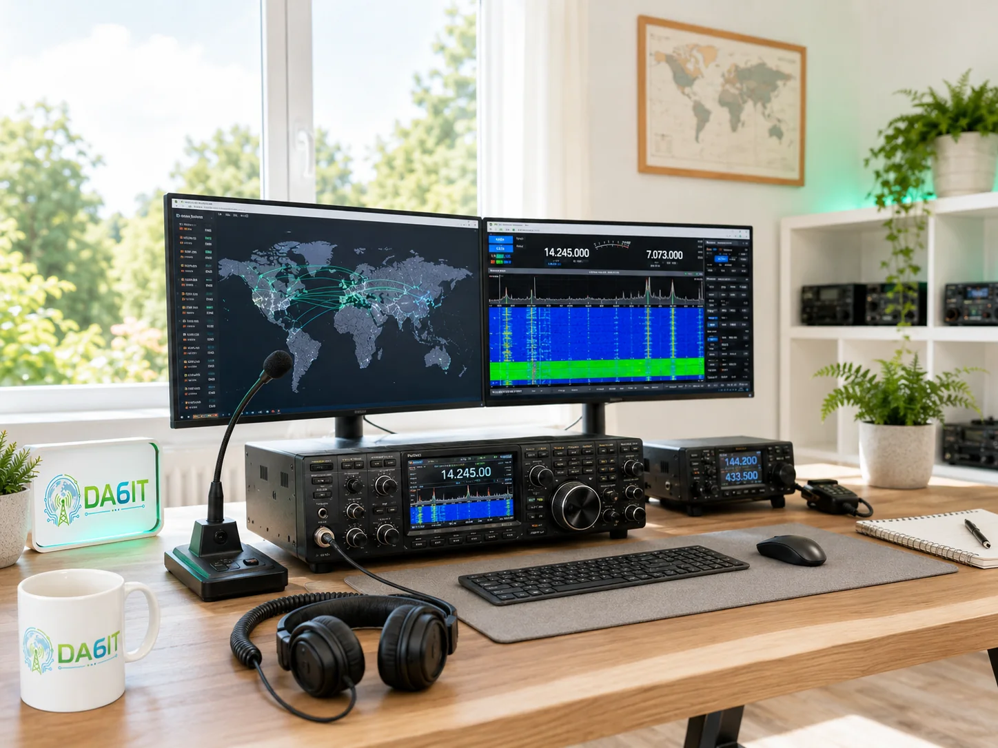 Moderner heller Amateurfunkplatz mit mehreren Displays sowie Kurzwellen- und VHF/UHF-Geräten.