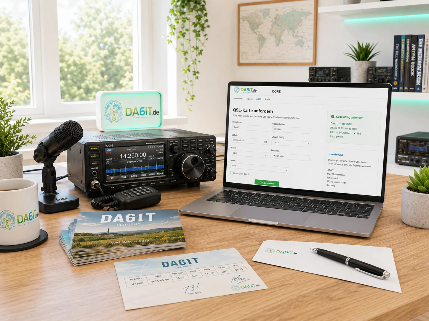 Helle DA6IT-QSL- und OQRS-Szene mit Funkgerät, QSL-Karten und Online-Anfrage.