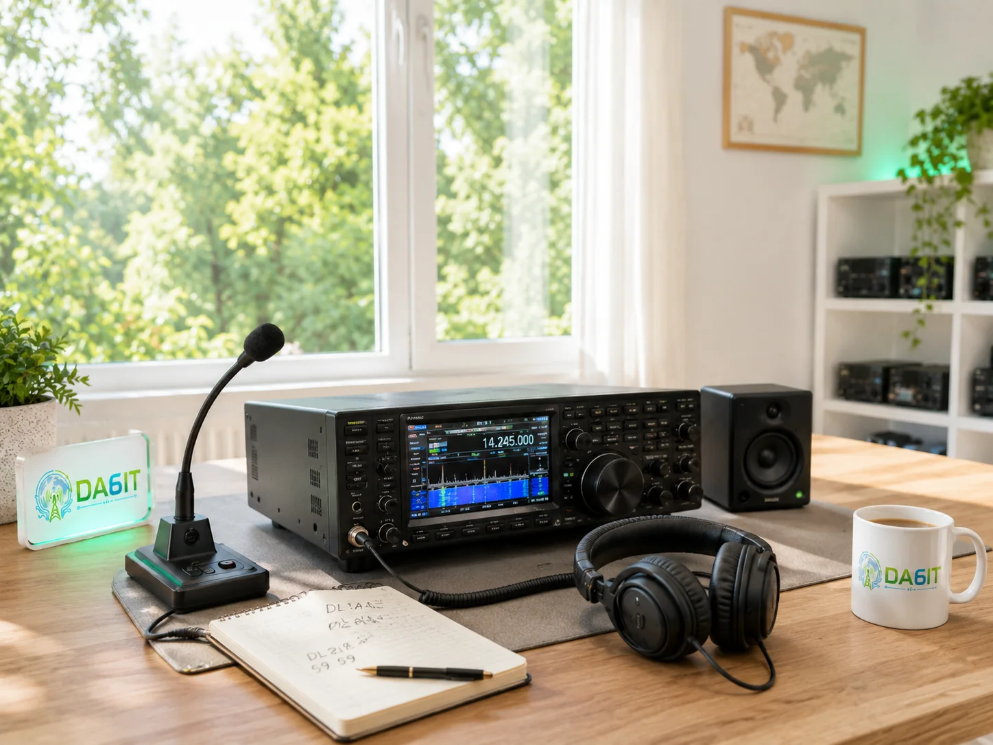 Heller Funkplatz zuhause mit Mikrofon, Kopfhörern und Transceiver für SSB- und Sprach-QSOs.