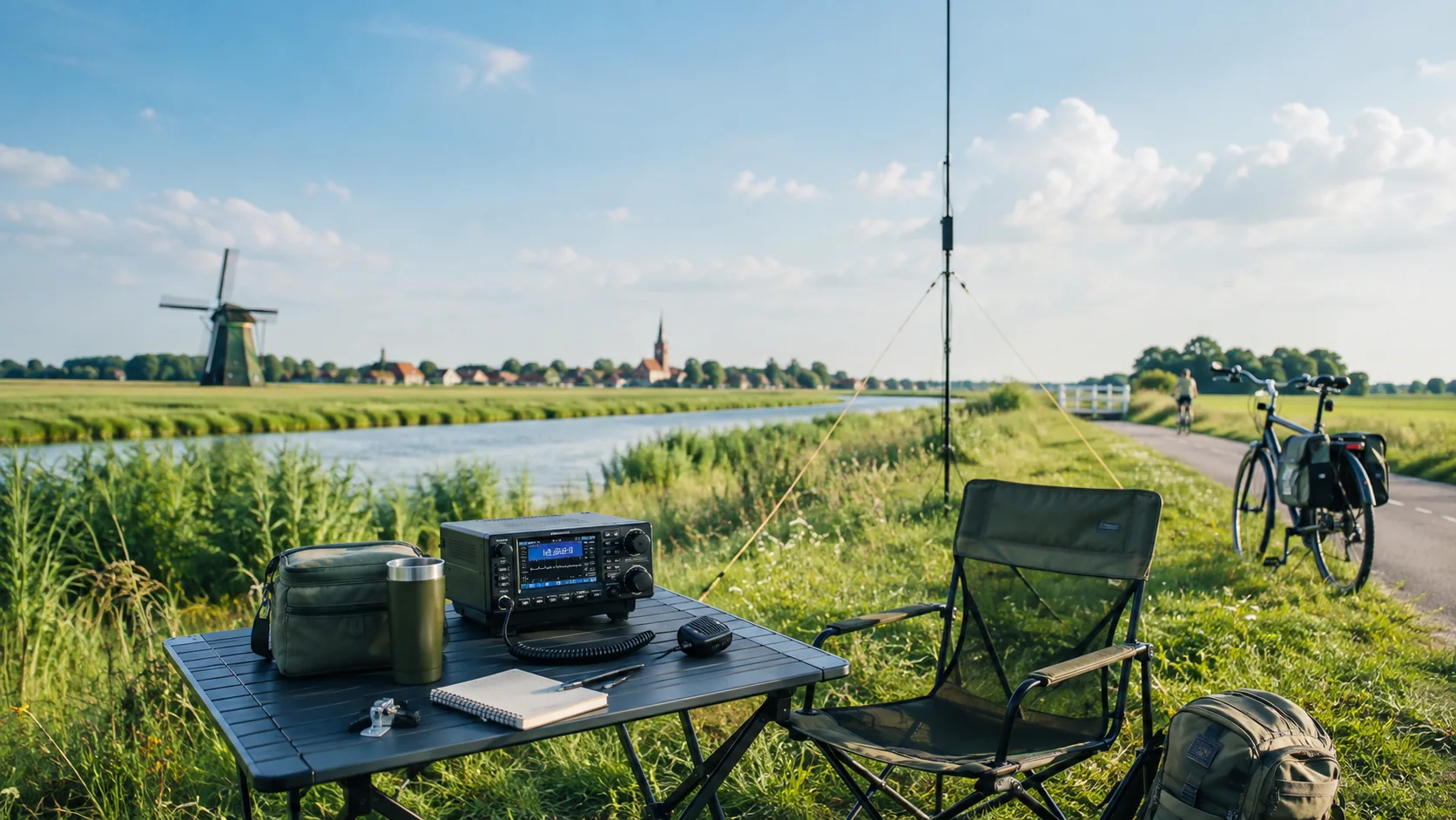 Portable Amateurfunkstation an einem niederländischen Kanal mit Windmühle und Fahrrad.