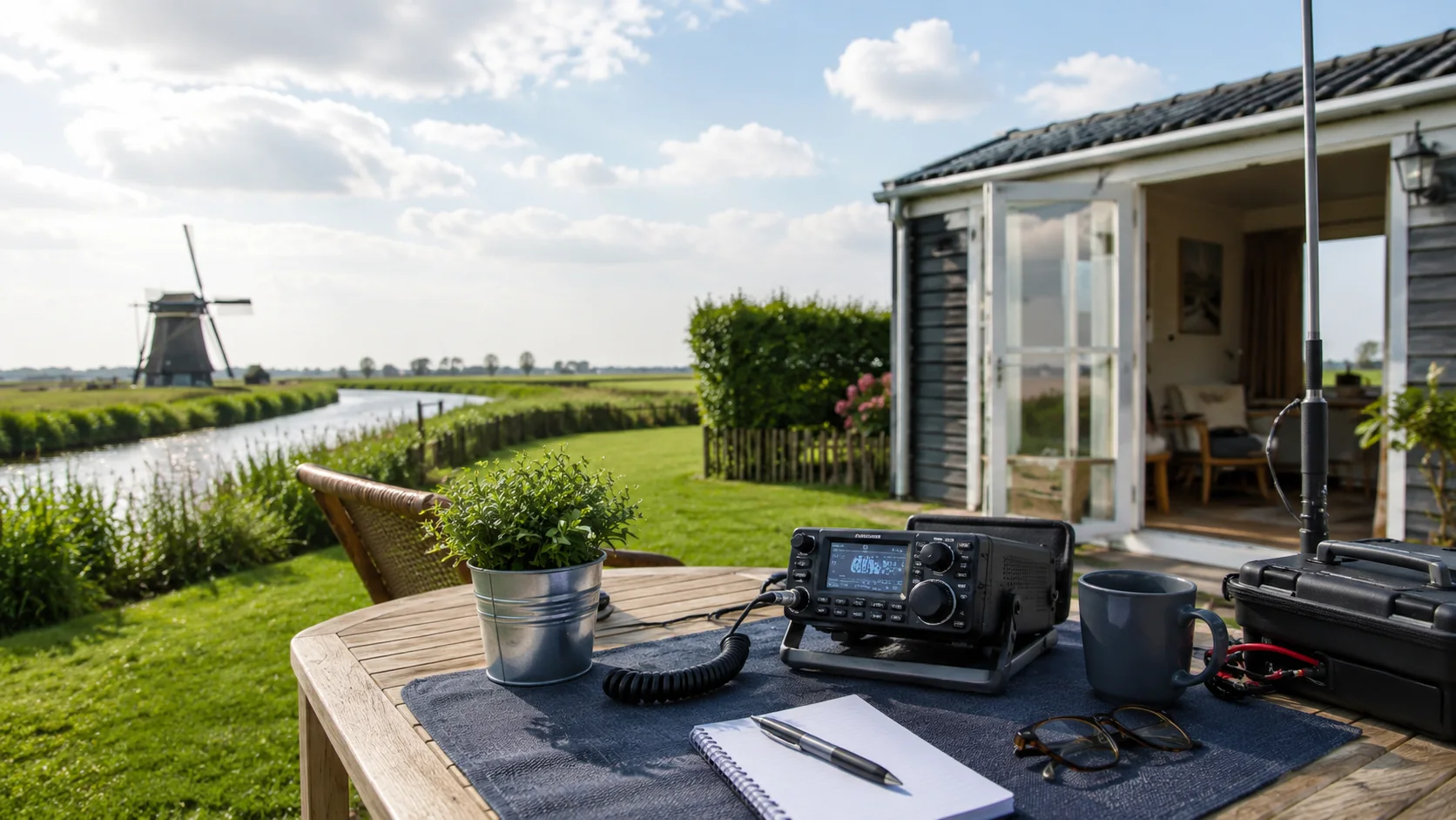 Amateurfunk-Setup an einem kleinen niederländischen Wochenenddomizil direkt am Kanal mit Windmühle.
