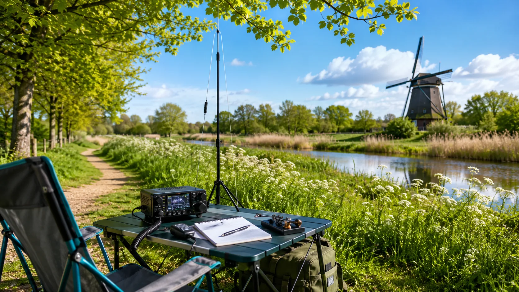 Portable Funkstation in einem grünen niederländischen Park an Wasser und Windmühle.