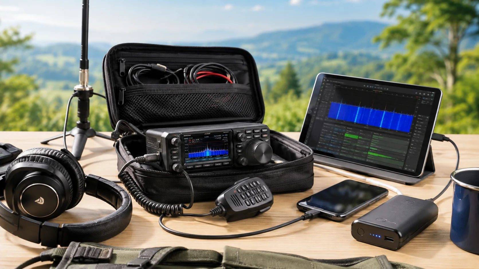 Kompaktes Portabel-Funkset mit Tablet, Smartphone, Akku und Transceiver.