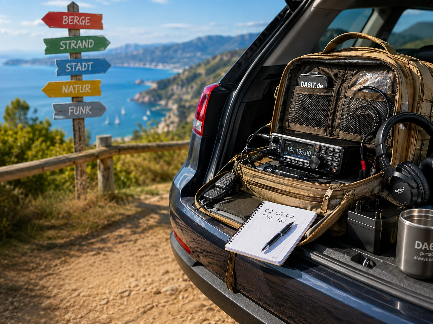 Portables Funkzeug im Auto für Funkbetrieb im Urlaub.