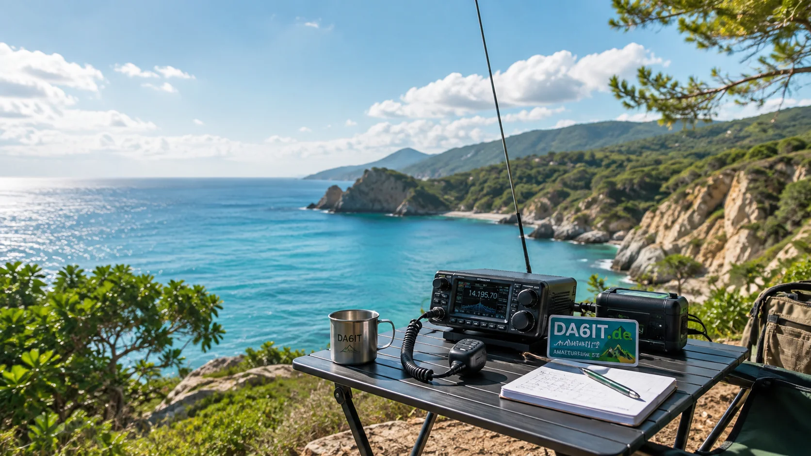 Portable Amateurfunkstation an einem sonnigen Aussichtspunkt an der Küste.