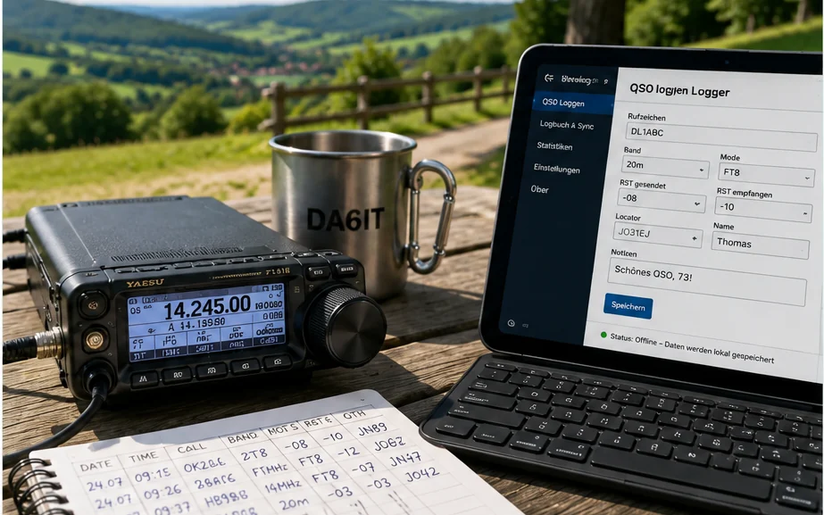 Portable Funkstation mit dem DA6IT Wavelog Offline Logger auf einem Tablet im Freien.