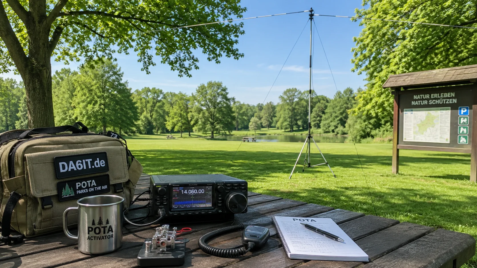 Portable POTA-Amateurfunkstation auf einem Picknicktisch in einem grünen Park.