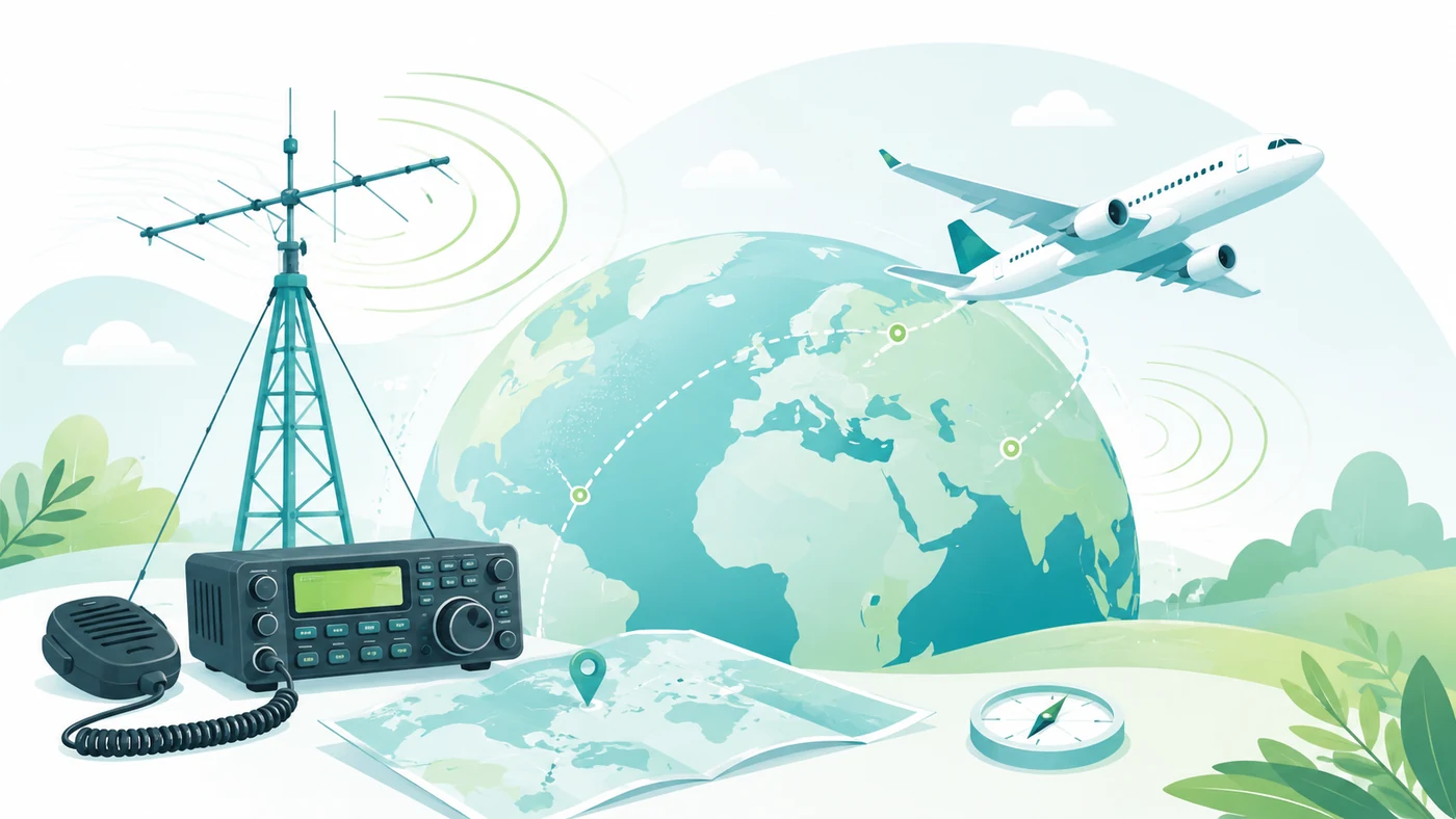 Freundliche Illustration zum Funkbetrieb im Ausland mit Antenne, Flugzeug und Weltkugel