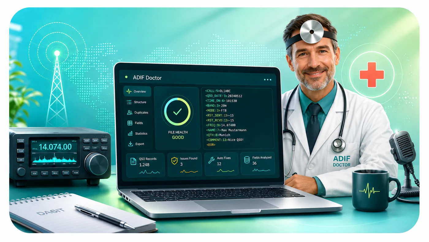 ADIF Doctor mit Laptop, Amateurfunkstation und Arzt bei der Prüfung einer Logdatei
