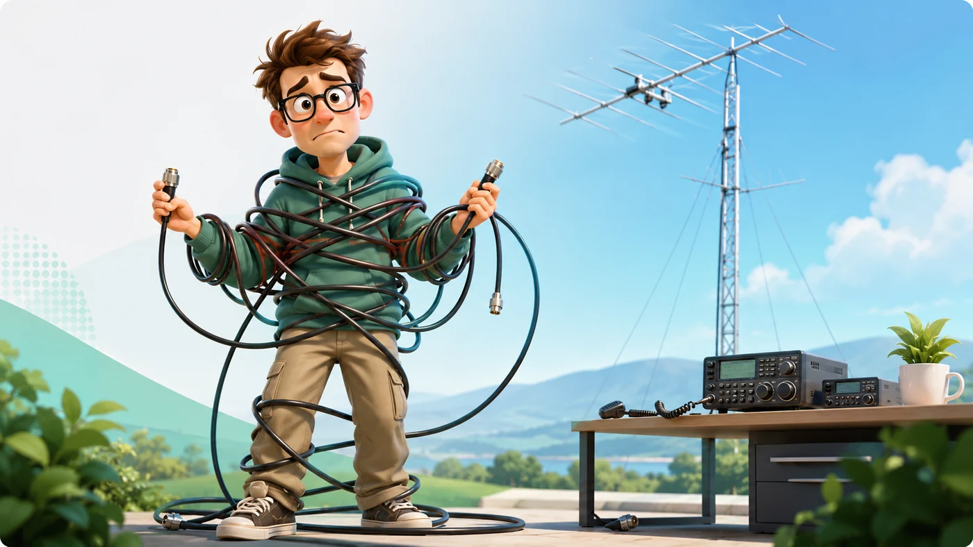 Freundlicher Funkamateur, der sich vor Antennentechnik sympathisch in Koaxkabel verheddert hat