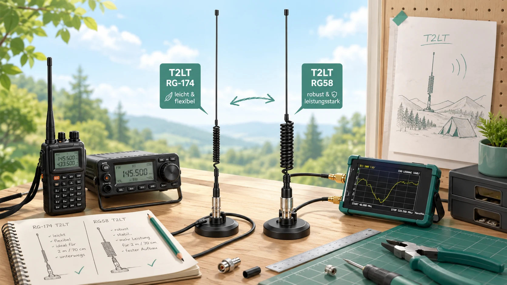 T2LT Rundstrahlantenne für 2 m und 70 cm aus RG-174 und RG58 im Vergleich mit Funkgerät und NanoVNA.
