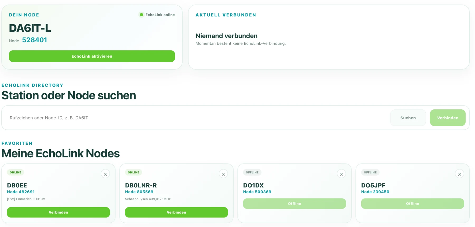 EchoLink Webinterface mit eigenem Node, Stationssuche, Verbindungen und gespeicherten Favoriten.