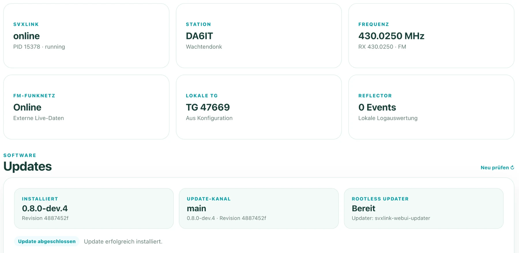 Systemstatus der WebUI mit SvxLink, Frequenz, FM-Funknetz und integriertem Rootless-Updater.