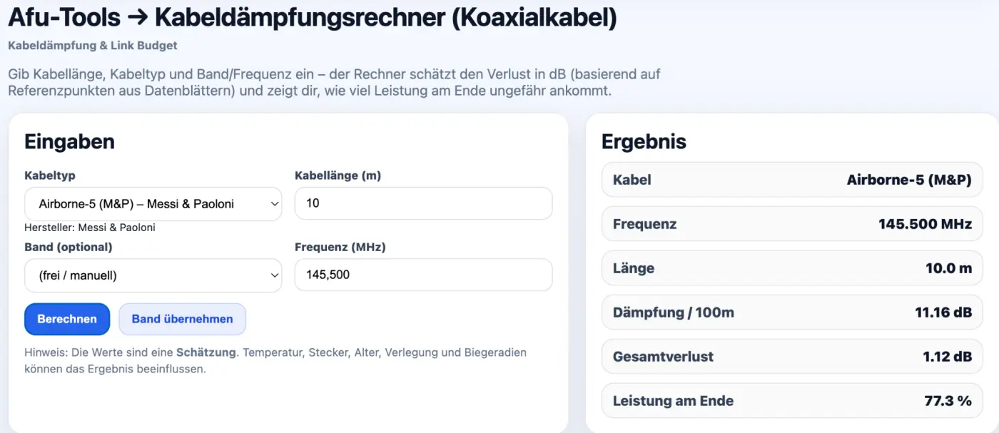 AFU-Tools Kabeldämpfungsrechner