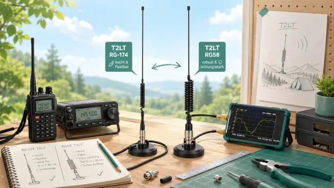 T2LT Rundstrahlantenne für 2 m und 70 cm aus RG-174 und RG58 im Vergleich mit Funkgerät und NanoVNA.