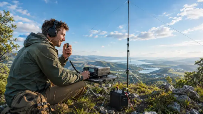 Funkamateur mit portablem Funkgerät, Akku und Antenne auf einem Berg – Amateurfunk verbindet Technik und Outdoor-Abenteuer.