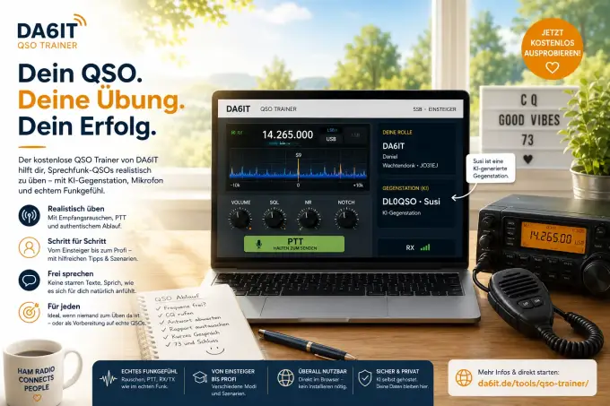 Sonniger moderner Amateurfunk-Schreibtisch mit DA6IT QSO Trainer, virtuellem Funkgerät, PTT und klassischem Transceiver.